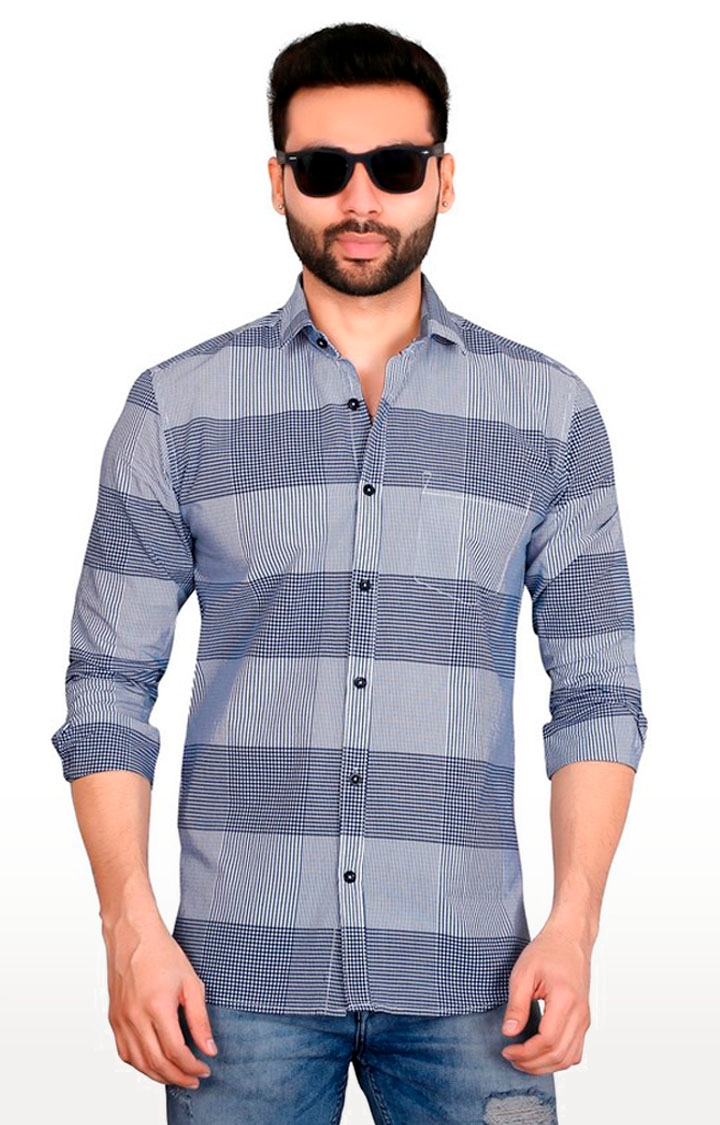 5th Anfold | Fifth Anfold Pure Cotton Blue and White Checked Full Sleeve Spread Collar Men's Casual Shirt