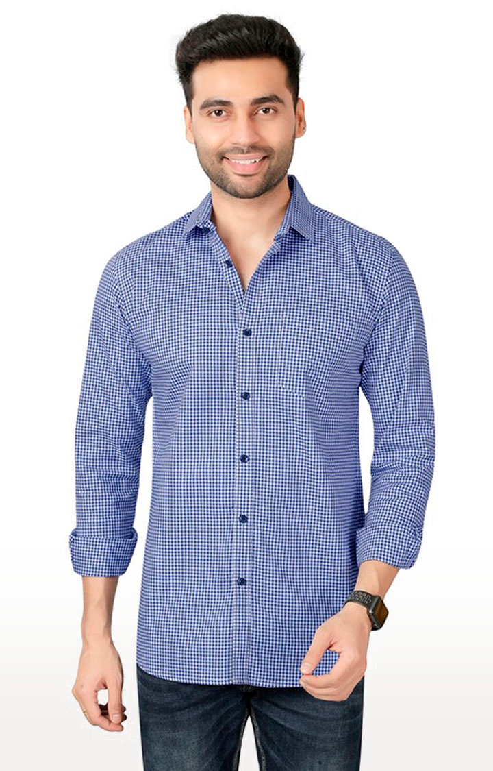 5th Anfold | Fifth Anfold Pure Cotton Royal Blue Checked Full Sleeve Spread Collar Men's Casual Shirt