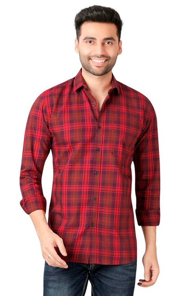 5th Anfold | Fifth Anfold Pure Cotton Checked Full Sleeve Spread Collar Men's Casual Red Shirt