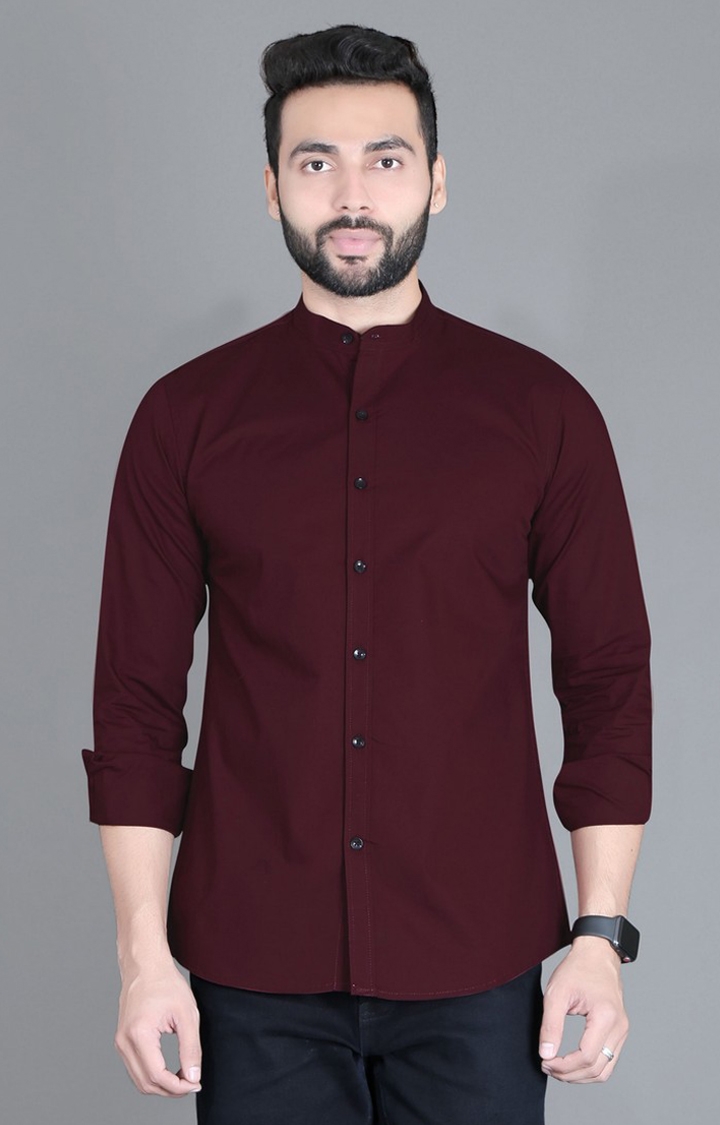 Men's Maroon Cotton Solid Casual Shirt