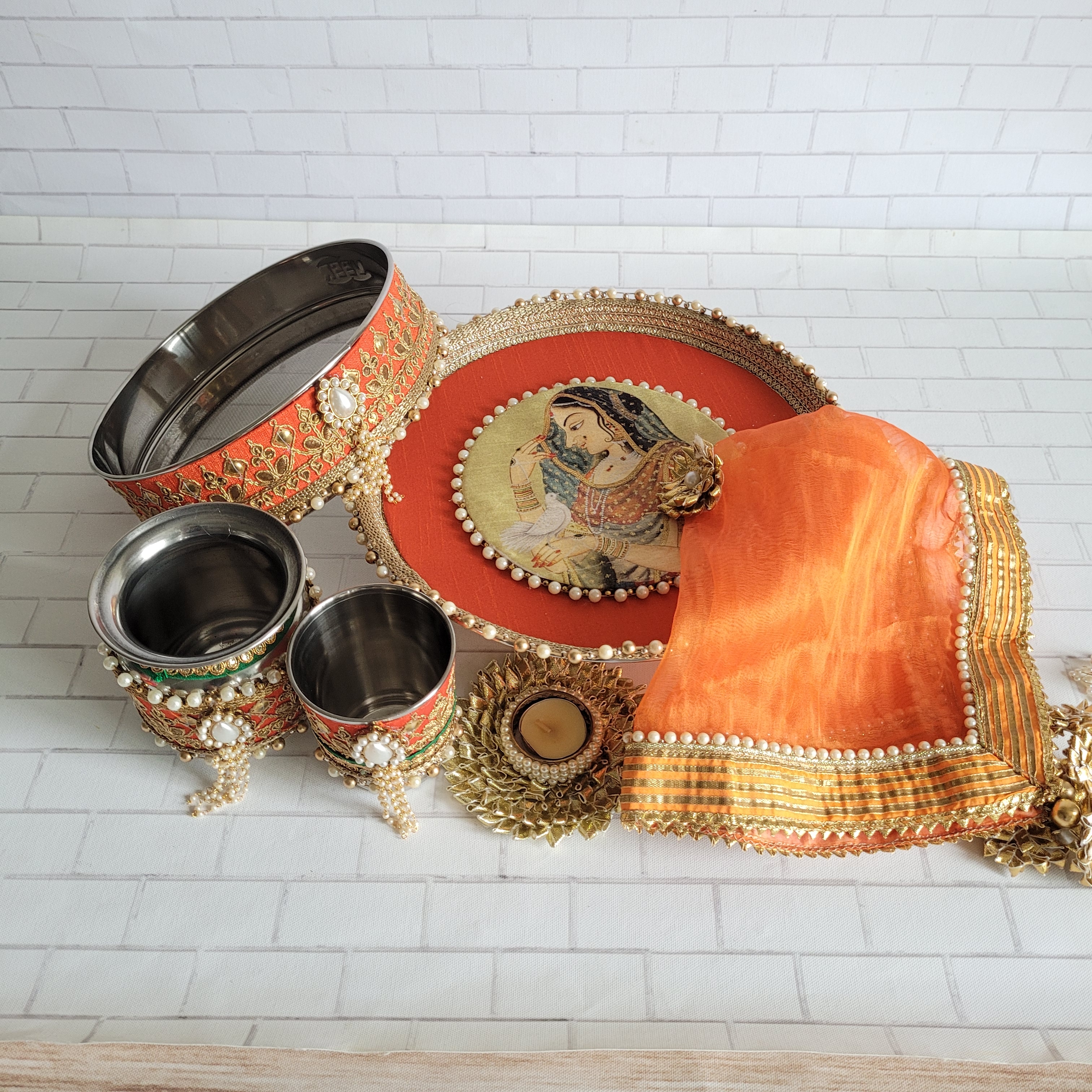 Orange & Gold Maharani Karva Chauth Thali Set