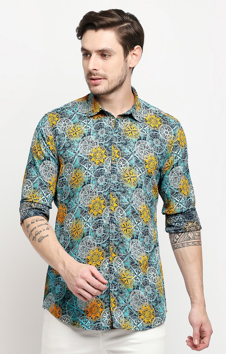 Evoq Unique Compass Print Linen Causal Shirt for Men