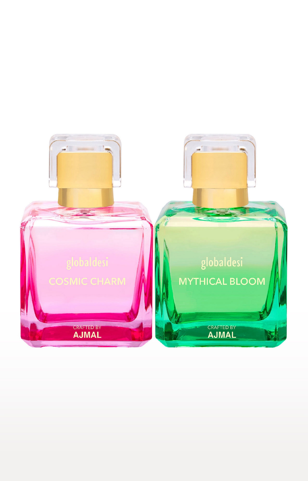 Global Desi Crafted By Ajmal | Global Desi Cosmic Charm & Mythical Bloom Pack of 2 Eau De Parfum 50ML for Women Crafted by Ajmal + 2 Parfum Testers