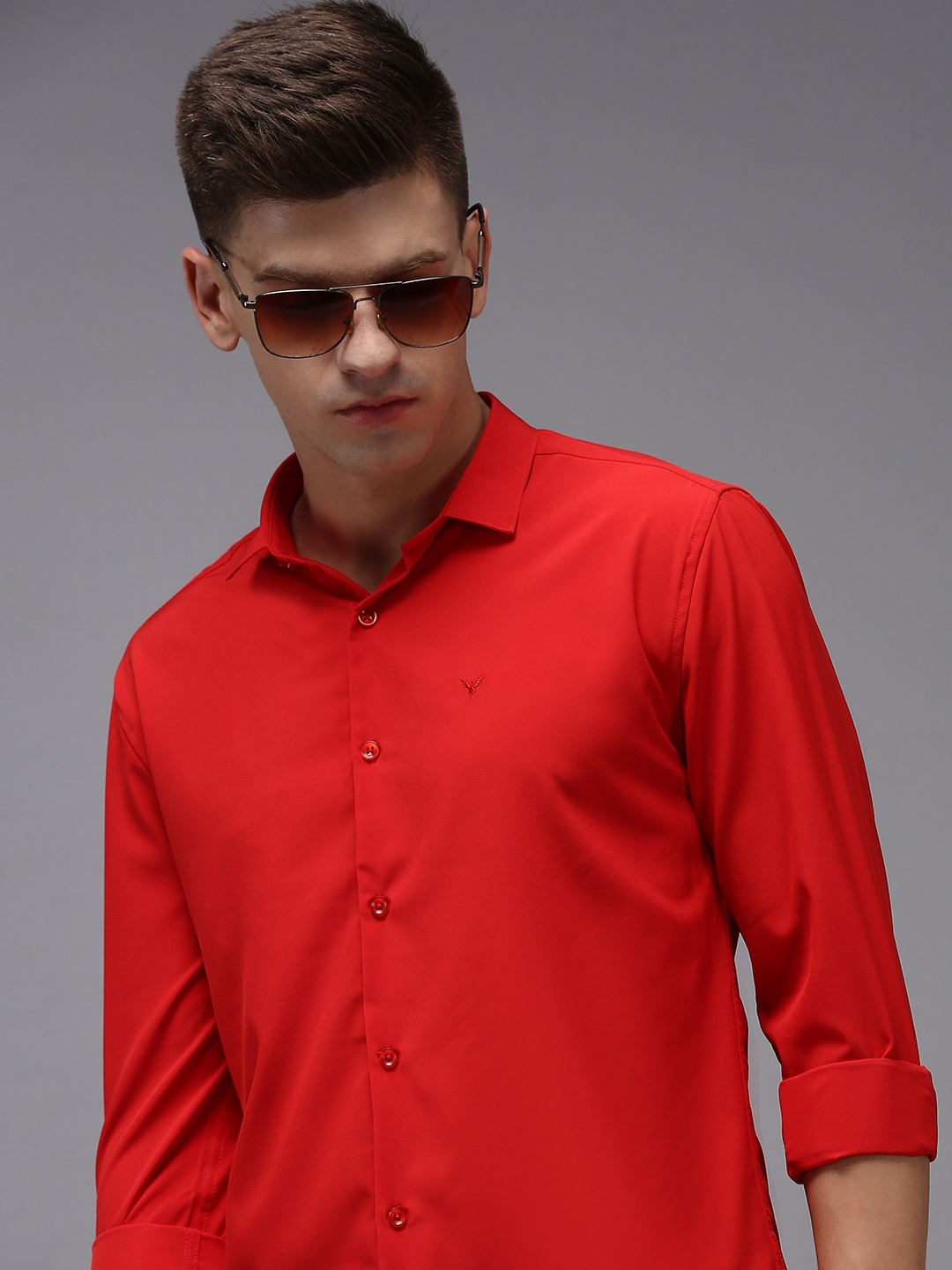 Men's Red Polyester Solid Casual Shirts
