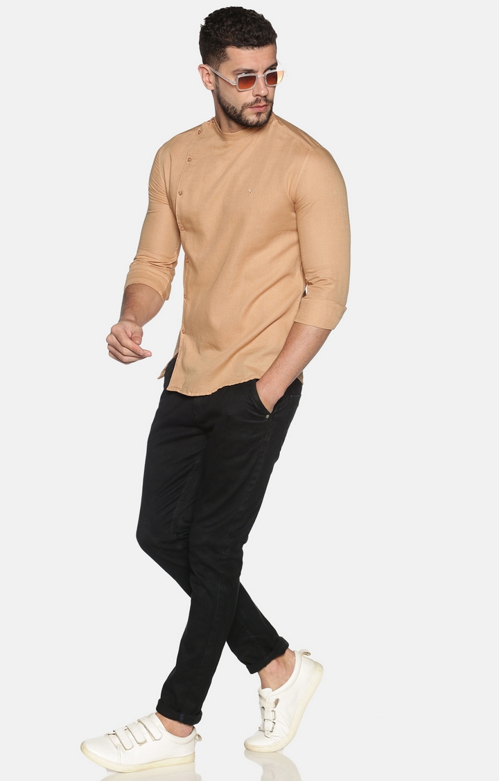 Men's Beige Cotton Solid Casual Shirts