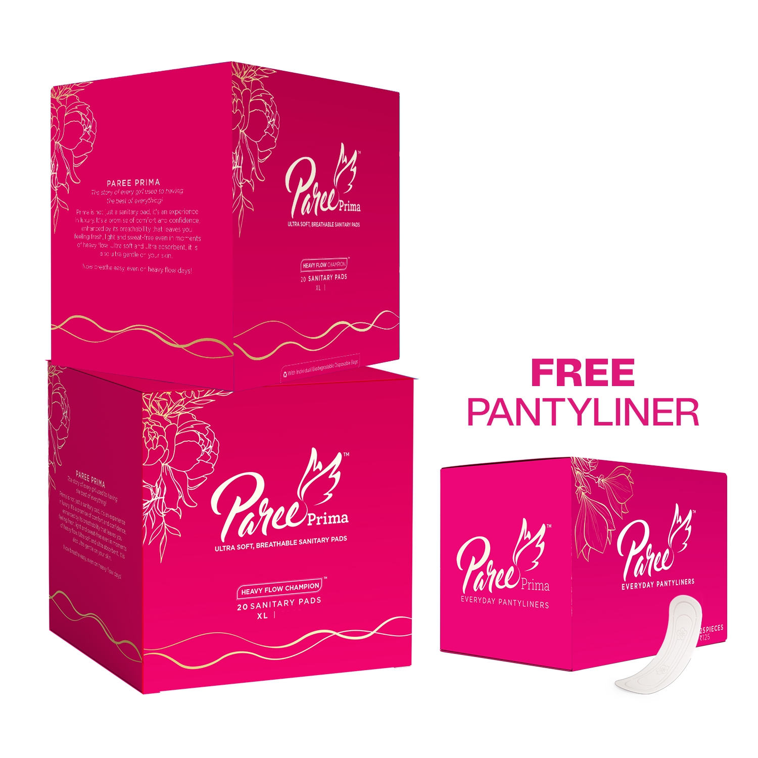 Paree | Paree Prima Ultra Soft Breathable Sanitary Pads XL (Pack of 20) (Combo of 2) + Free Pantyliners (Pack of 25)