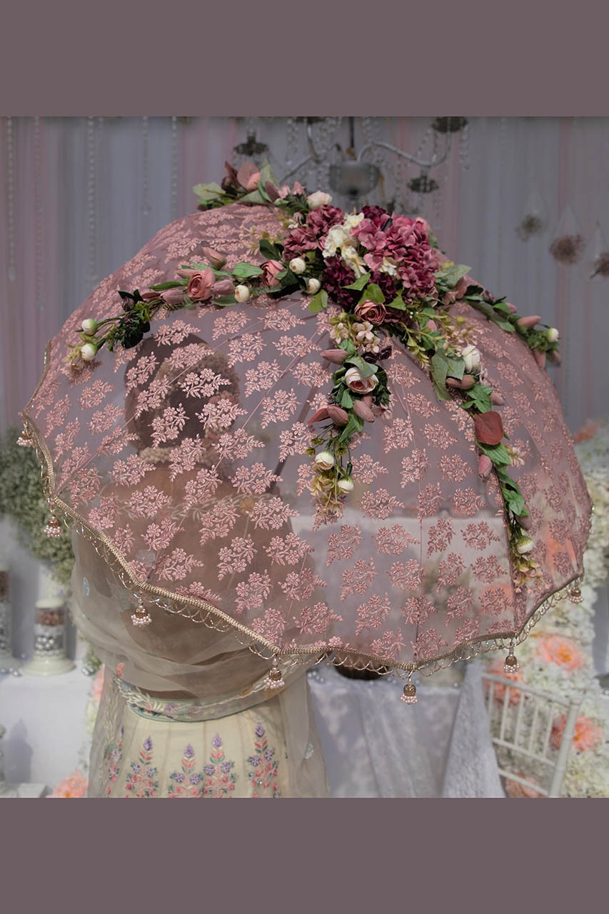 Pink Lace Umbrella with Artificial Flowers