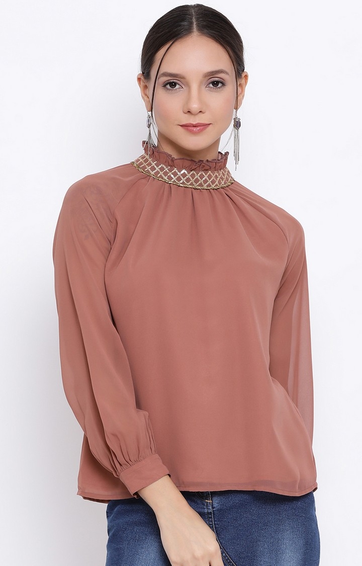 DRAAX fashions | Draax Fashions Women Brown Solid Embellished Top