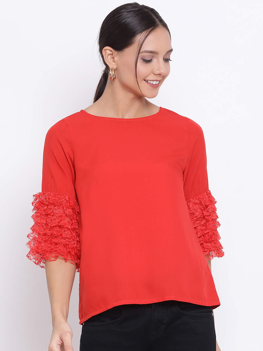 DRAAX fashions | Draax Fashions Women Red Solid Top with Net Sleeves