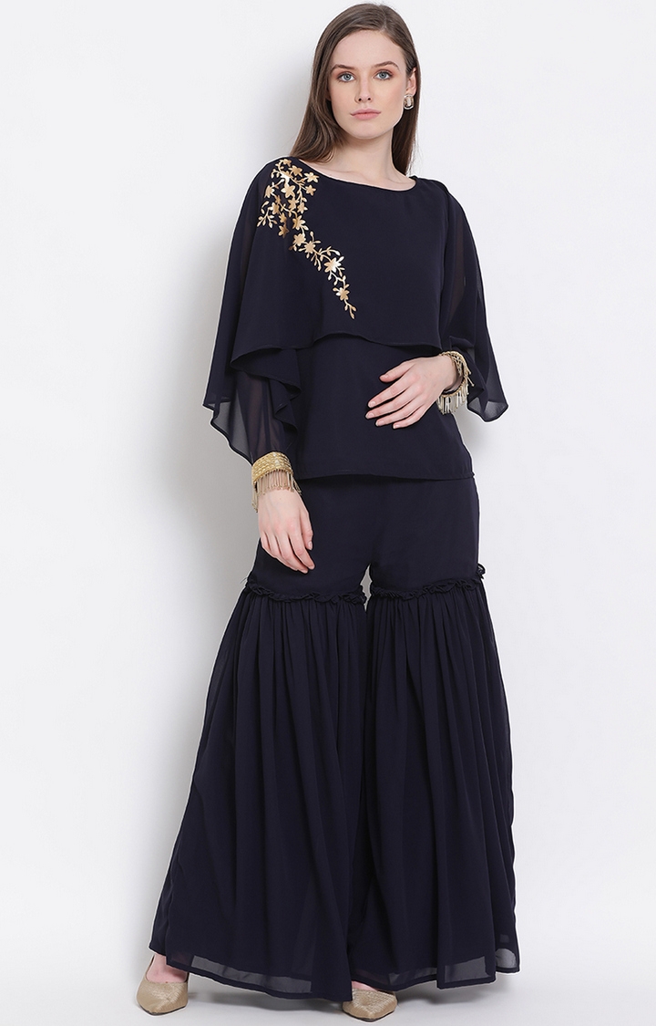 DRAAX fashions | Draax Fashions Georgette Navy Blue Top With Flared Palazzos