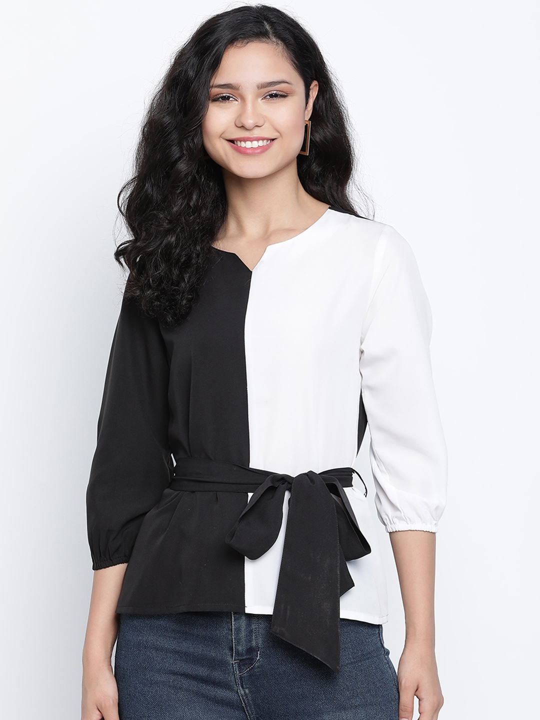 DRAAX fashions | Draax Fashions Women White and Black Solid with Belt Top