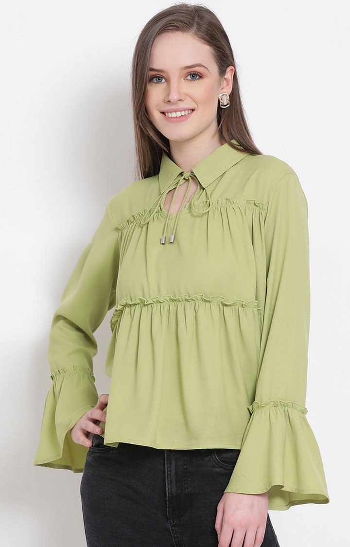 DRAAX fashions | Draax Fashions Women Green Solid Ruffle Top 
