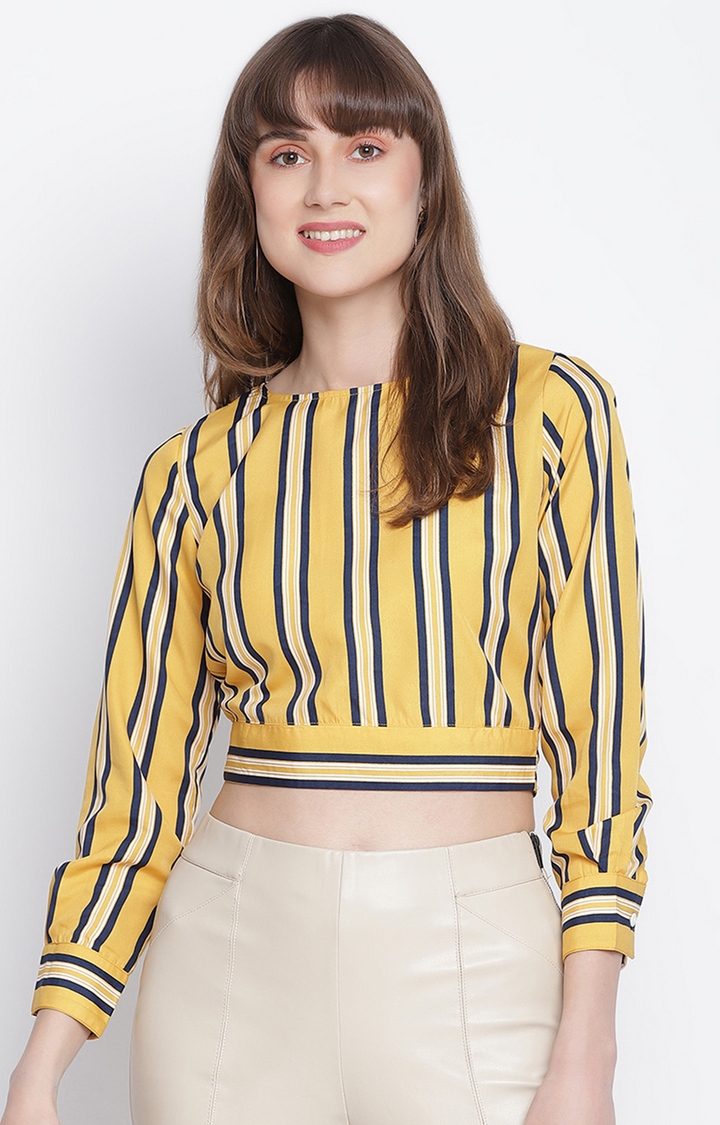 DRAAX fashions | Draax Fashions Women Yellow Striped Full Seelve Crop Top