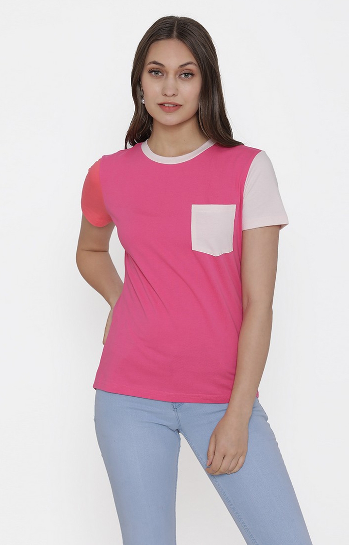 Door74 Pink Solid Short Sleeves T-Shirt