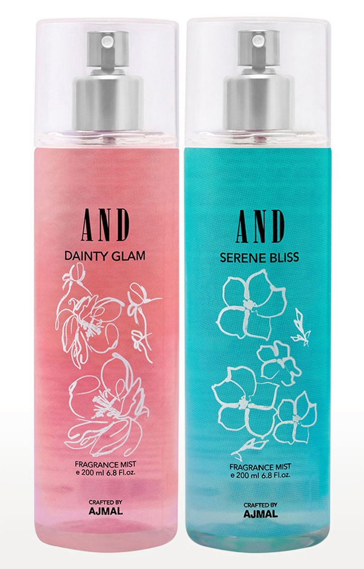 AND Crafted By Ajmal | AND Dainty Glam & Serene Bliss Pack of 2 Body Mist 200ML each Long Lasting Scent Spray Gift For Women Perfume Crafted by Ajmal FREE
