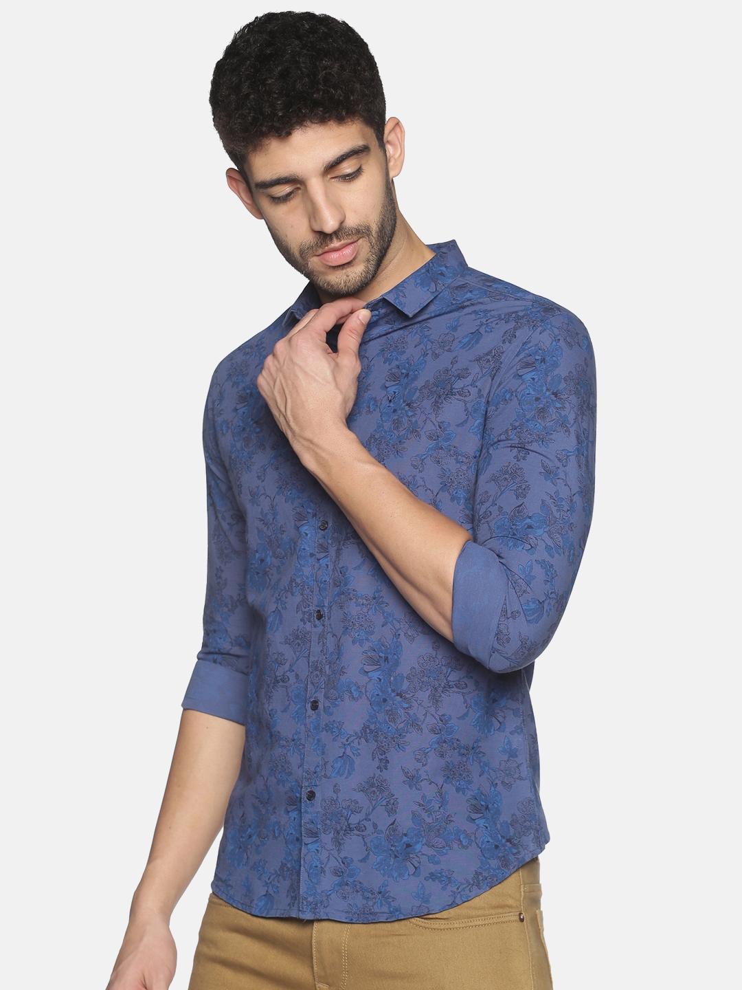 Men's Blue Cotton Floral Casual Shirts