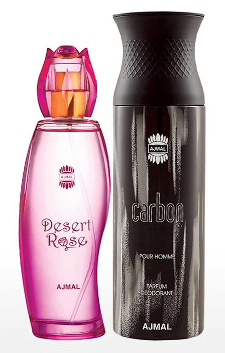 Ajmal Desert Rose EDP Oriental Perfume 100ml for Women and Carbon Homme Deodorant Fragrance 200ml for Men