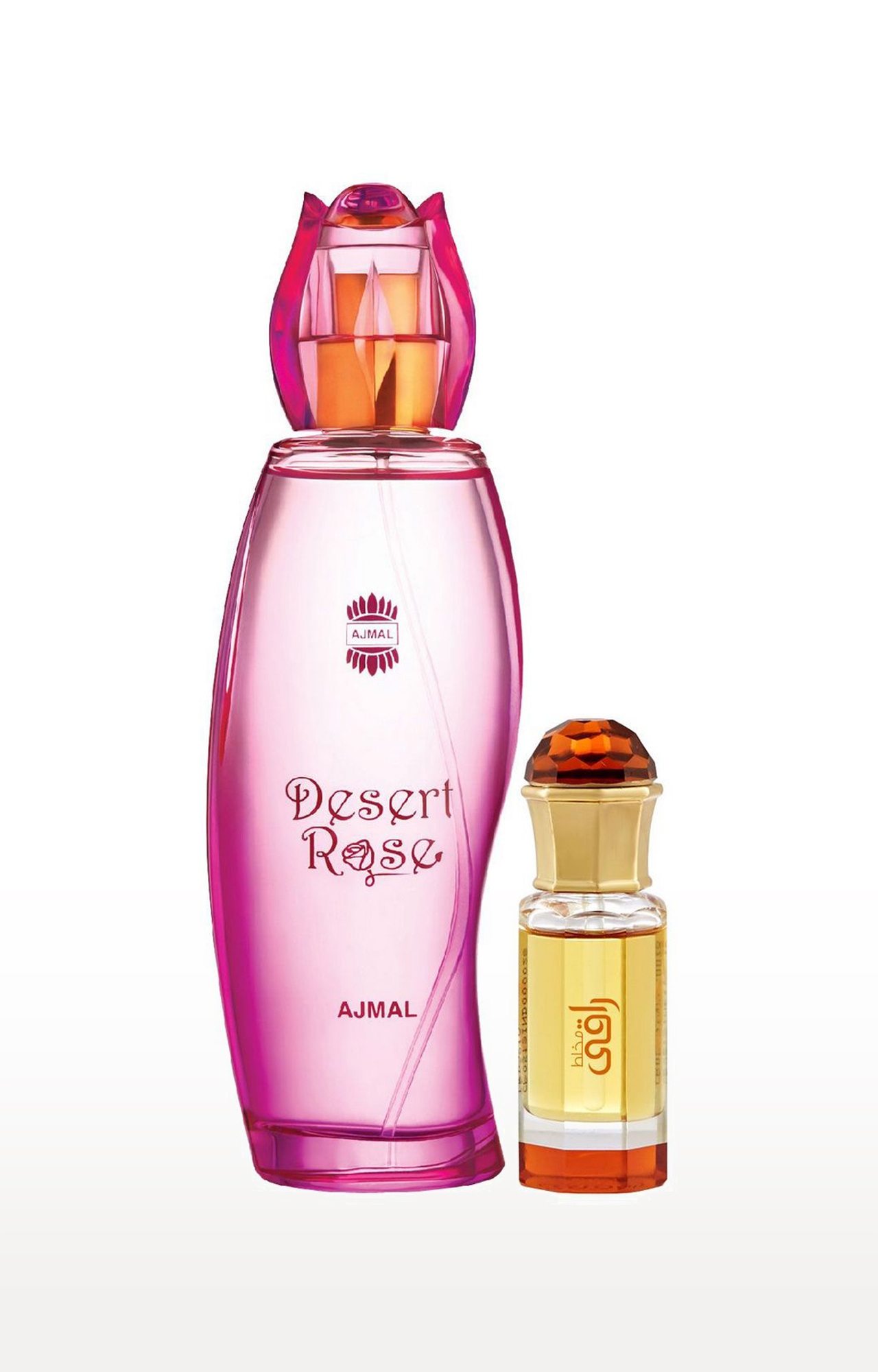 Ajmal | Ajmal Desert Rose EDP Floral Oriental Perfume 100ml for Women and Mukhallat Raaqi Concentrated Perfume Oil Floral Fruity Alcohol-free Attar 10ml for Unisex + 2 Parfum Testers FREE