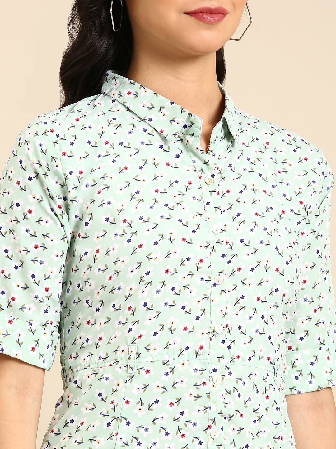 SHOWOFF Women's Shirt Collar Floral Green A-Line Kurta
