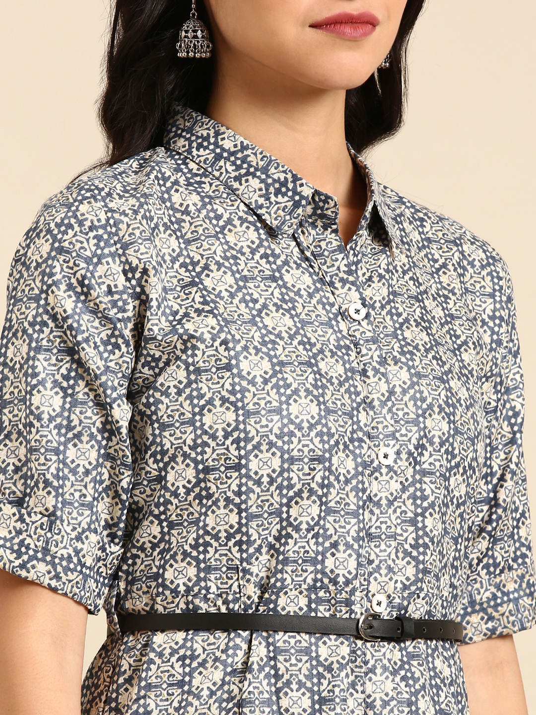 SHOWOFF Women's Shirt Collar Ethnic Motifs Blue A-Line Kurta