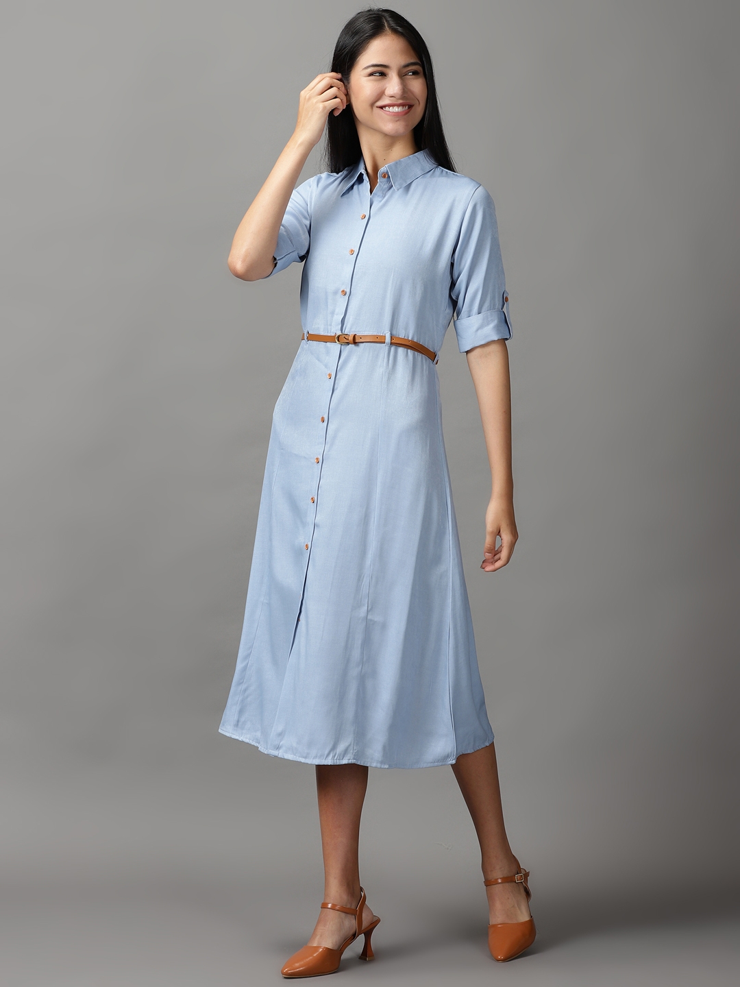 Women's Blue Cotton Solid Dresses