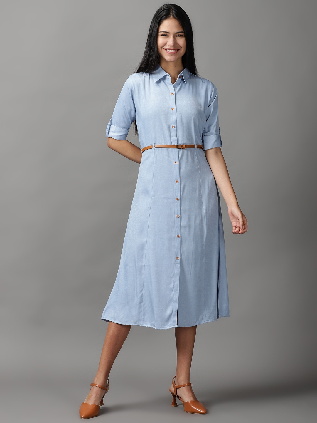 Women's Blue Cotton Solid Dresses