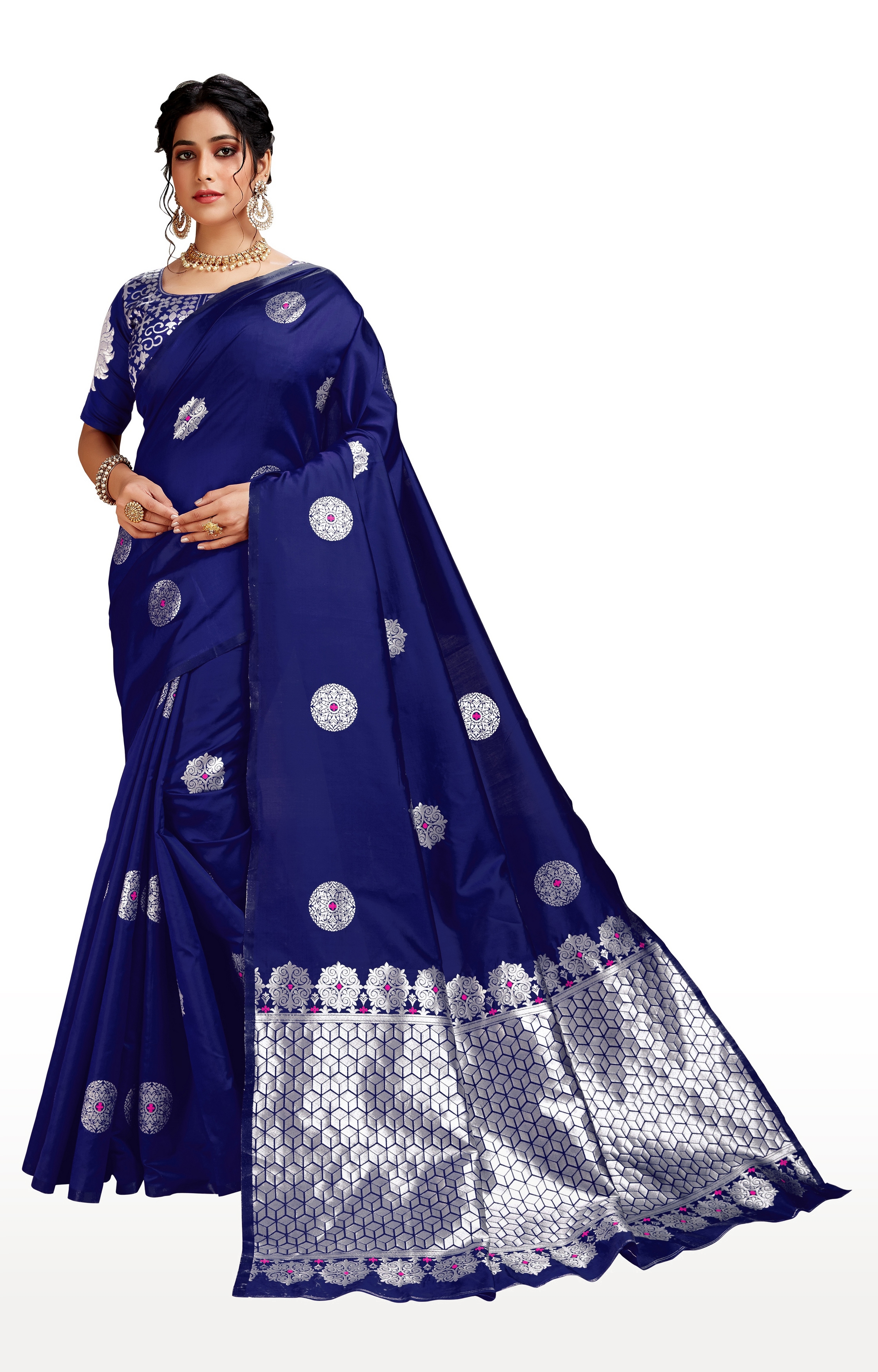 Glemora | Glemora Blue Lichi Silk Dhanashree Saree With Unstitched Blouse