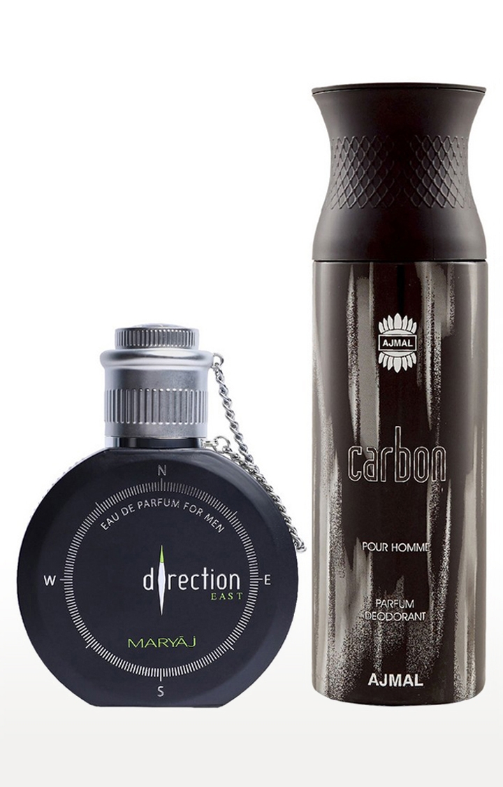 Maryaj Direction East Eau De Parfum Perfume 100ml for Men and Ajmal Carbon Homme Deodorant Fragrance 200ml for Men