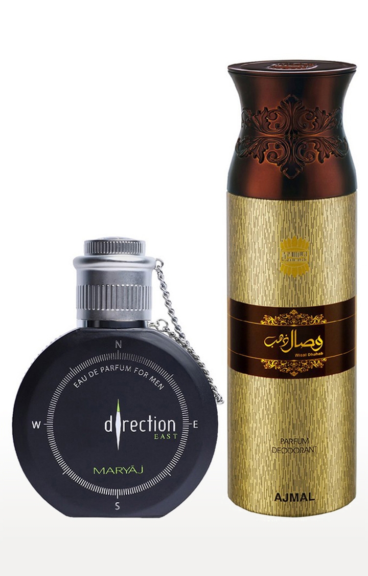 Ajmal | Maryaj Direction East Eau De Parfum Perfume 100ml for Men and Ajmal Wisal Dhahab Deodorant Fruity Fragrance 200ml for Men