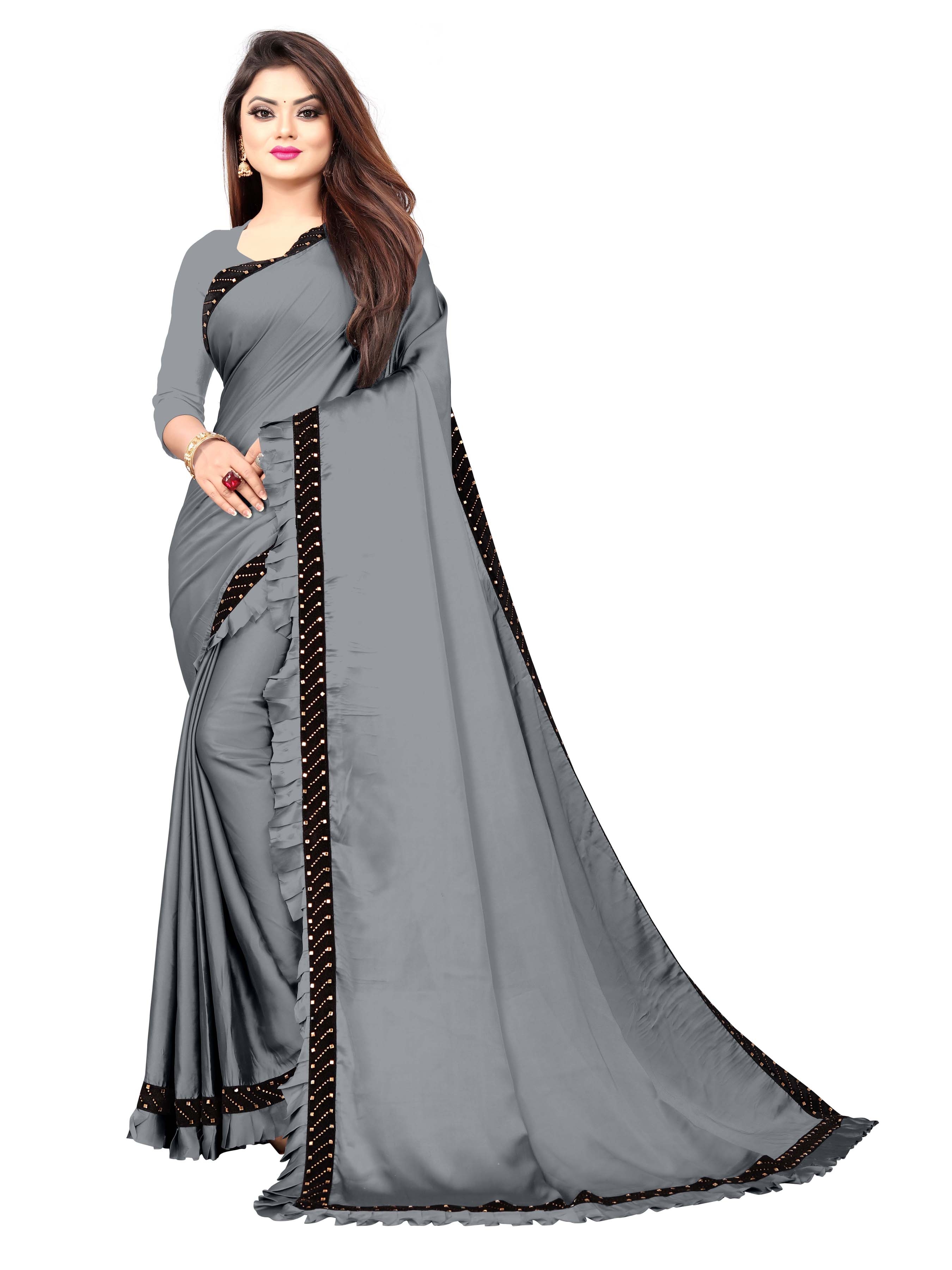 AWRIYA | Awriya Women'S Silk Ruffle Saree With Diamond Work - Pencil Grey