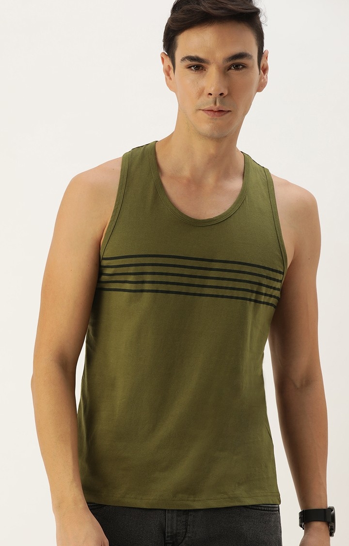 Men's Green Cotton Striped Tank Top