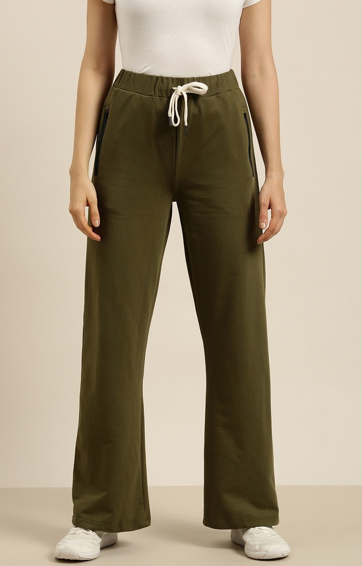 Women's Green Cotton Solid Casual Pants
