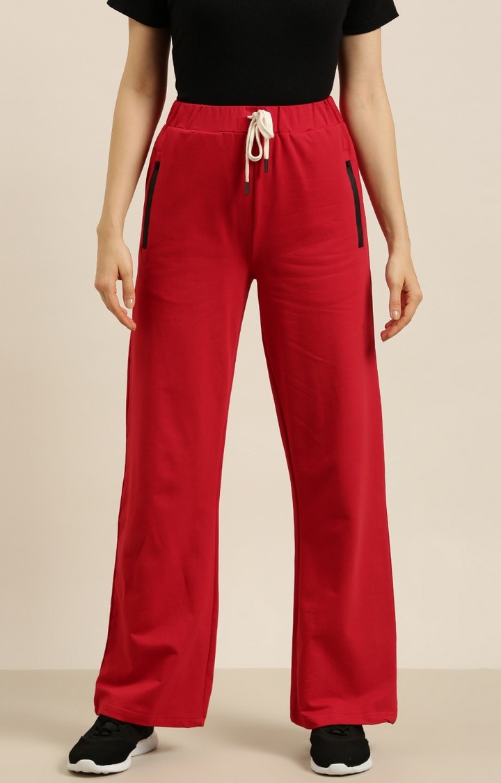 Women's Red Cotton Solid Casual Pants