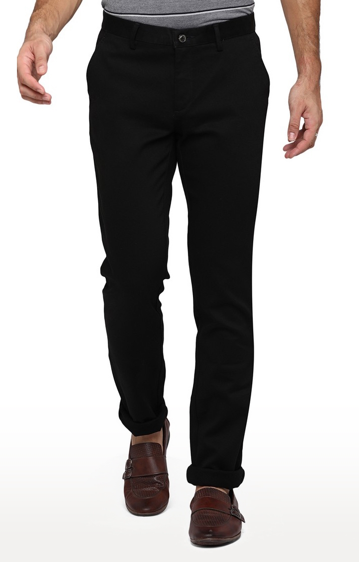 JBCT209/3,BLACK SELF Men's Black Cotton Solid Trousers