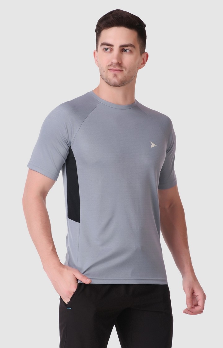 Fitinc | Men's Grey Lycra Solid Activewear T-Shirt