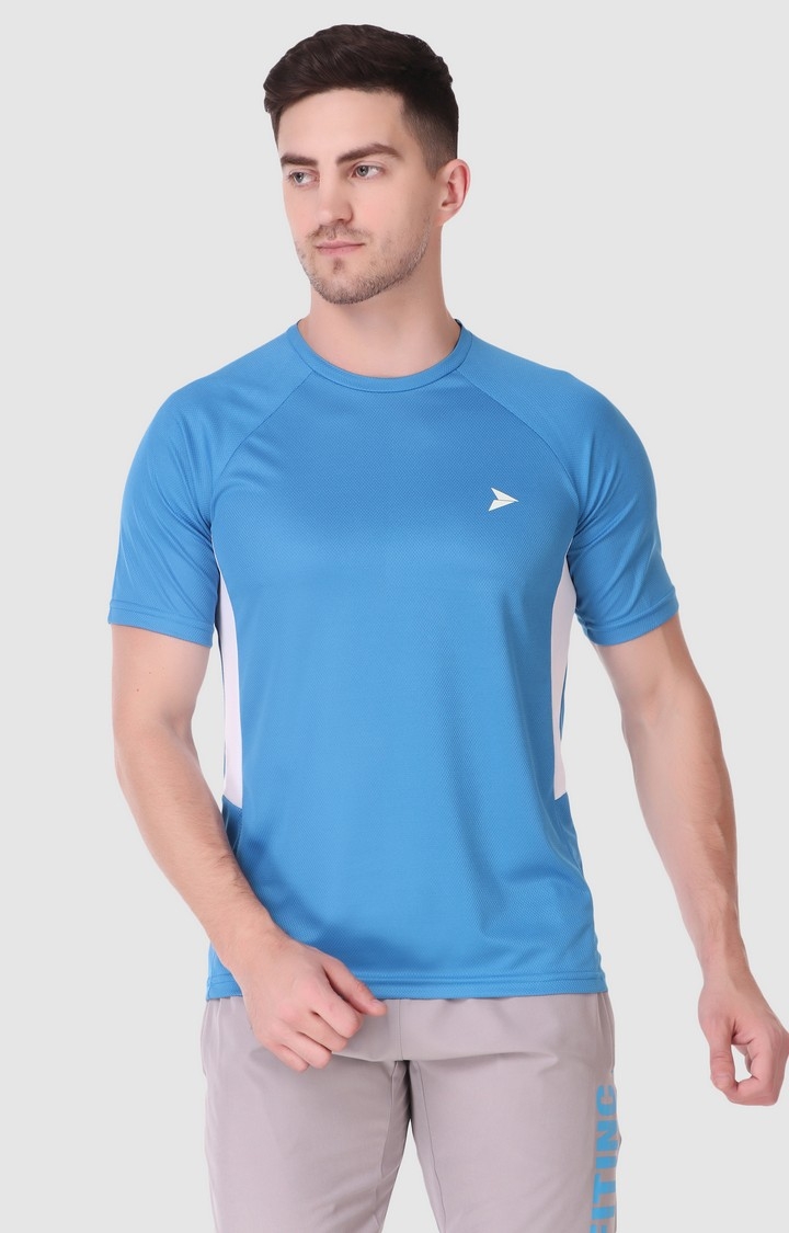 Men's Blue Lycra Solid Activewear T-Shirt