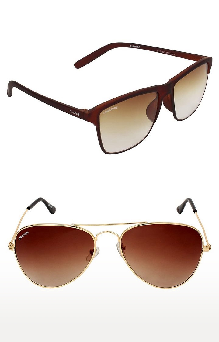 CREATURE | CREATURE Brown Aviator & Brown Sunglasses Combo with UV Protection (Lens-Brown|Frame-Golden & Brown)