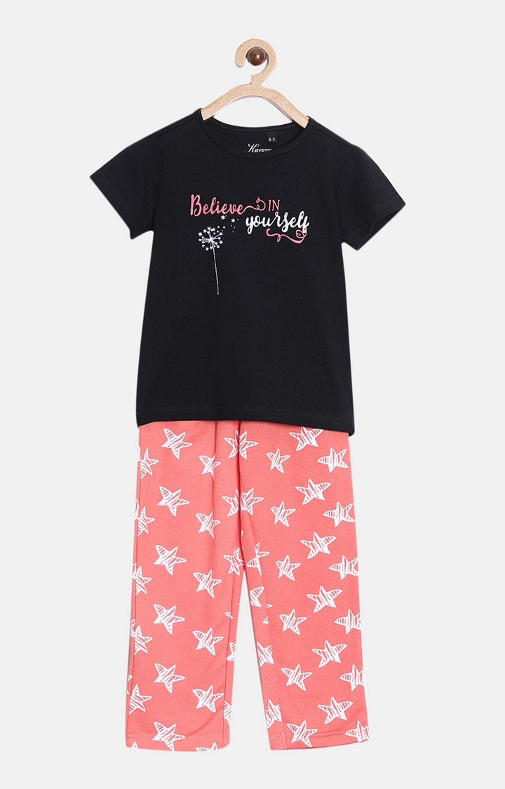 Kryptic | Black & Coral Cotton T-Shirt and Pyjama Set