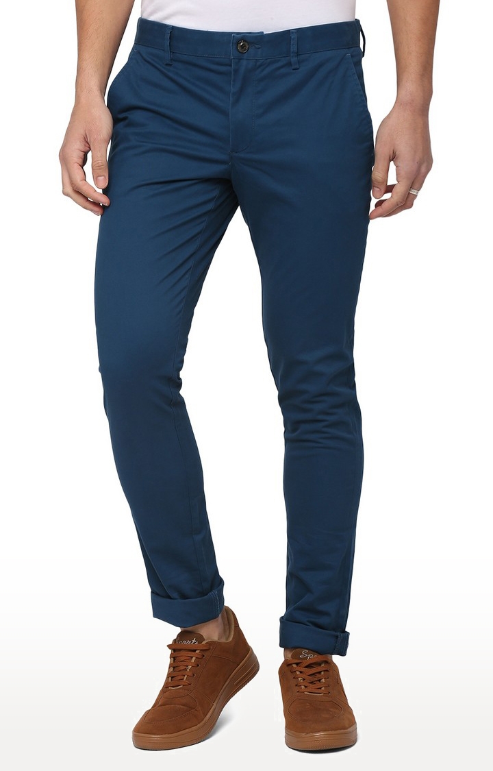 JBST002/2,PEACOCK BLUE PLAIN Men's Blue Cotton Solid Trousers
