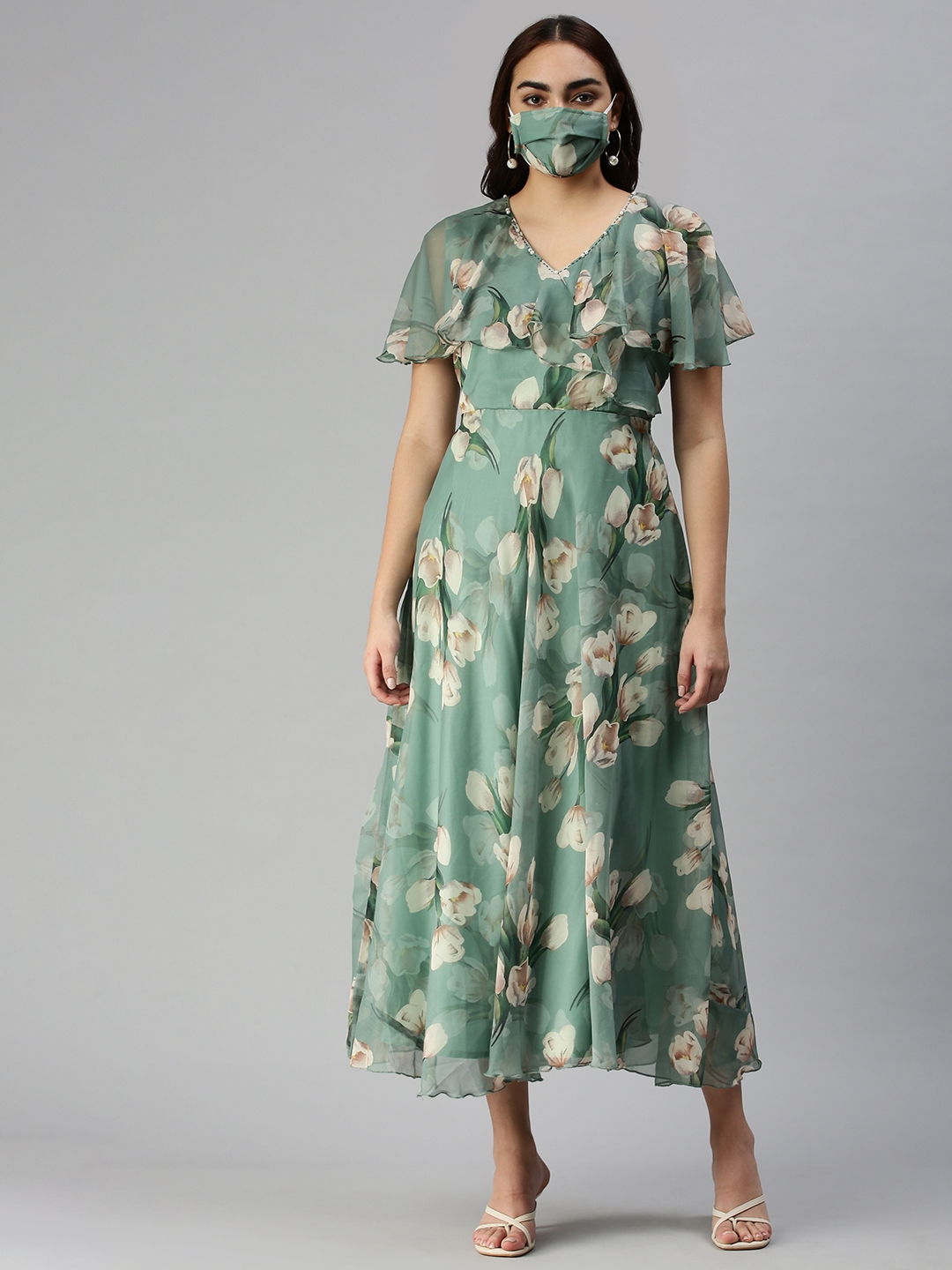 Women's Green Synthetic Printed Dresses