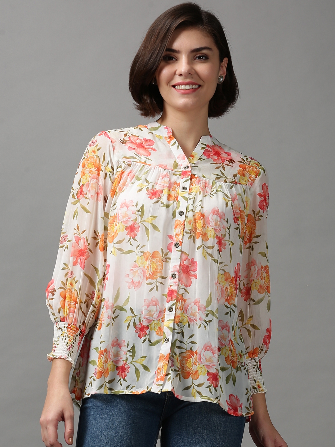 SHOWOFF Women's Regular Sleeves Floral White Shirt Style Top