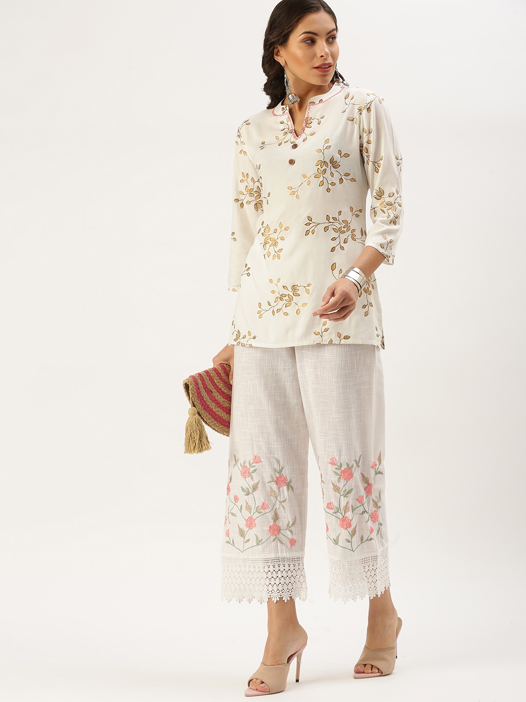 SHOWOFF Women's Above Knee Off White Solid Kurti