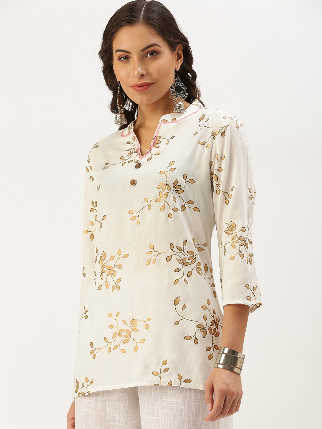 SHOWOFF Women's Above Knee Off White Solid Kurti