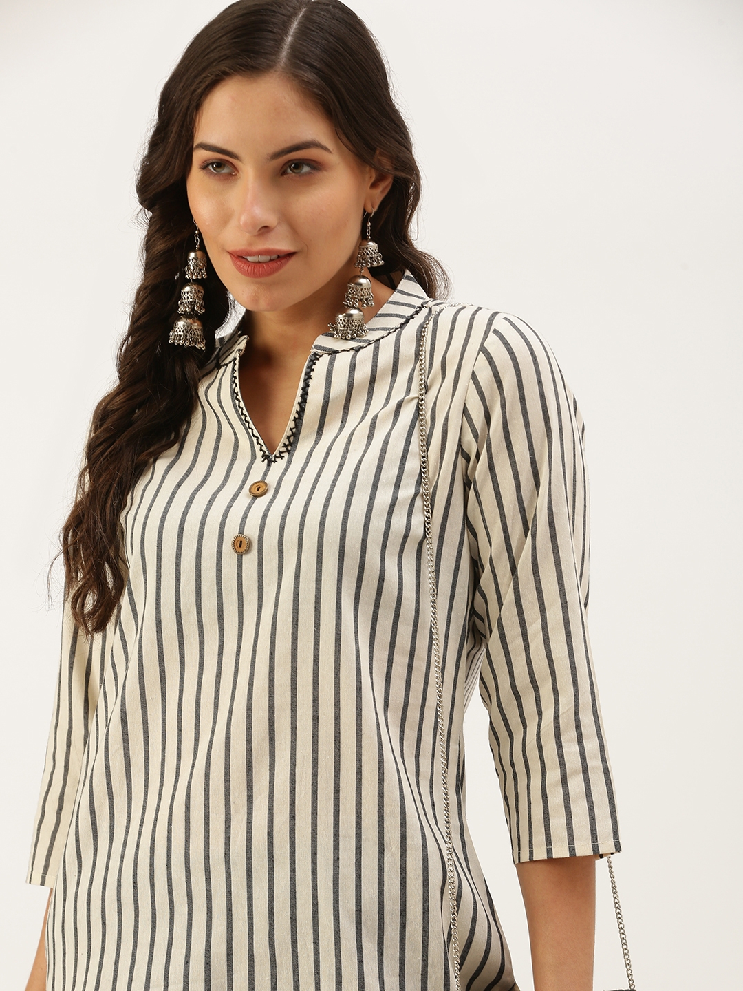 Showoff | SHOWOFF Women's Above Knee Off White Striped Kurti