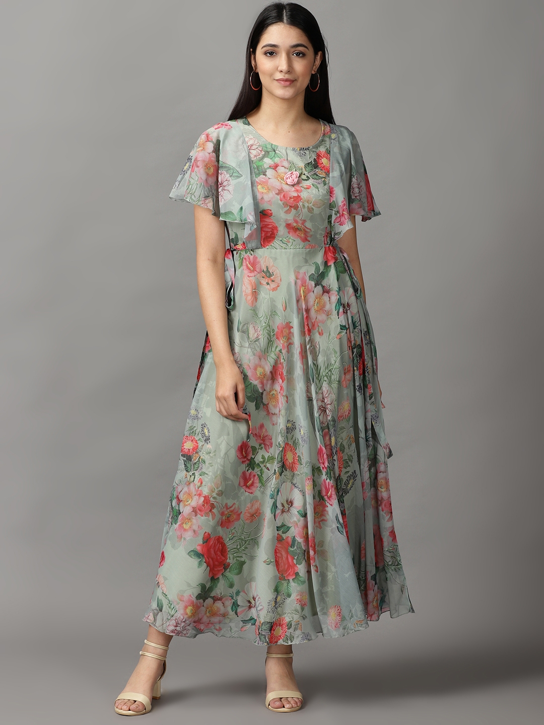 Women's Green Polyester Floral Dresses