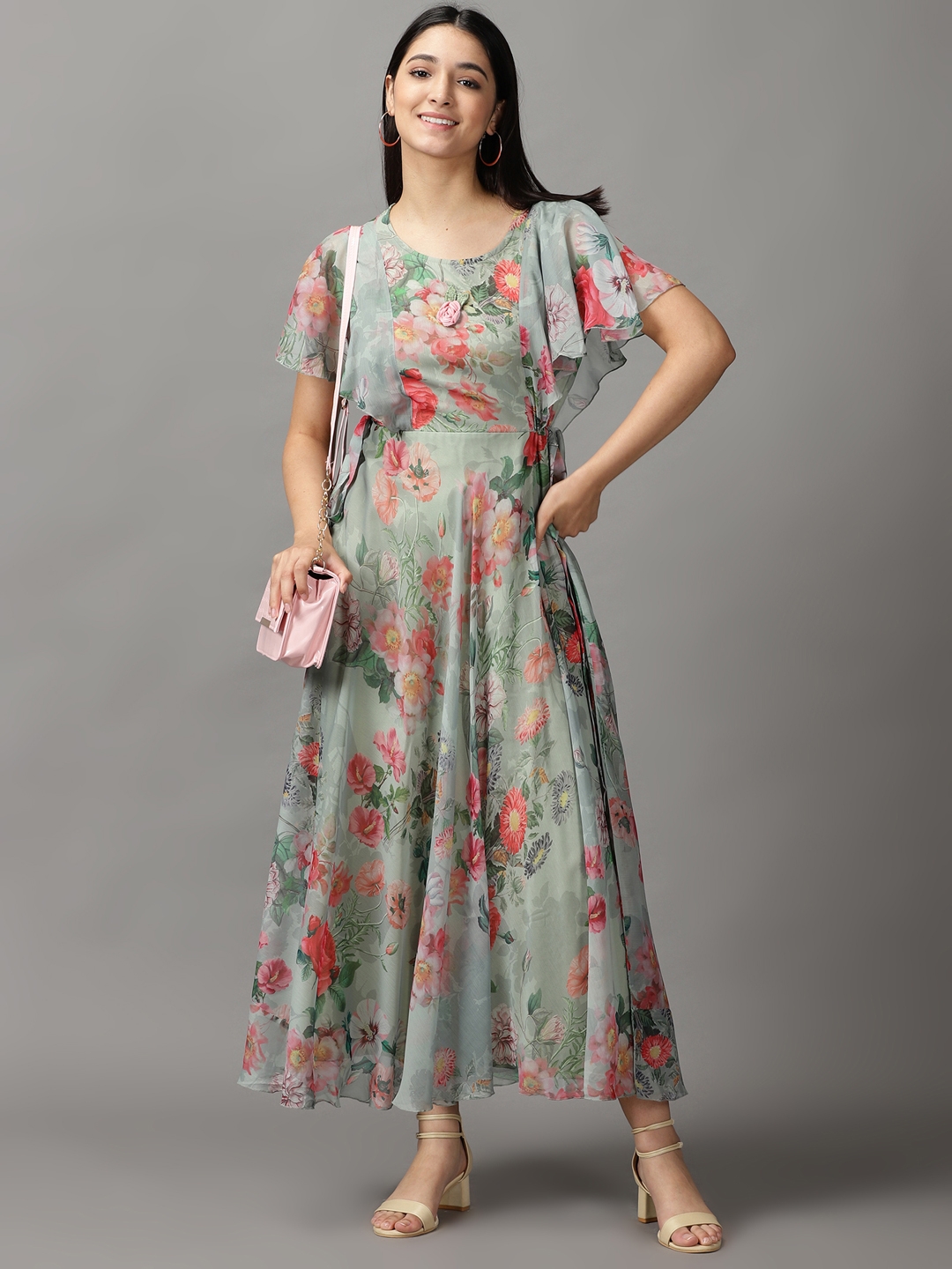 Women's Green Polyester Floral Dresses