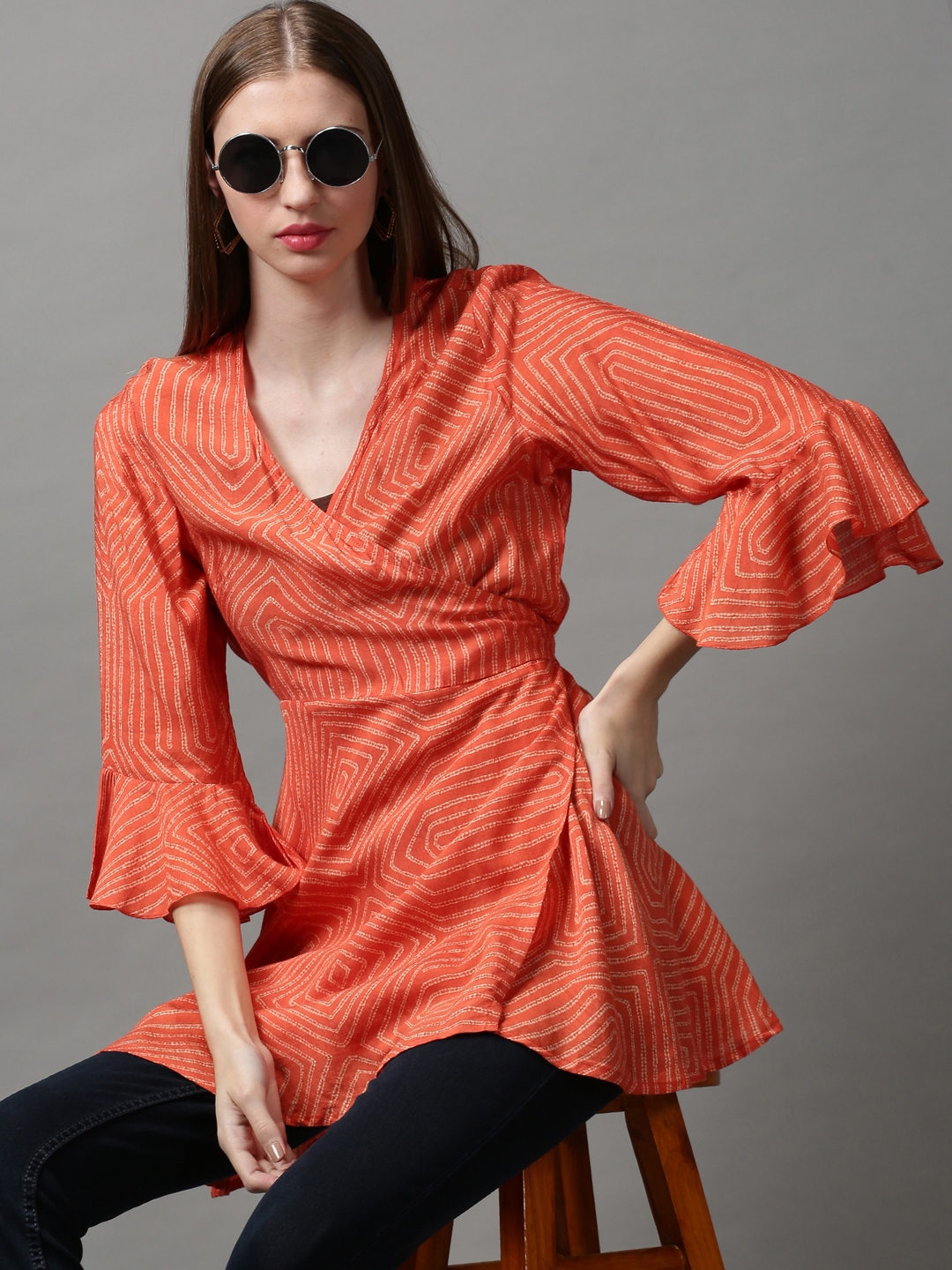 Women's Orange Silk Printed Shrugs