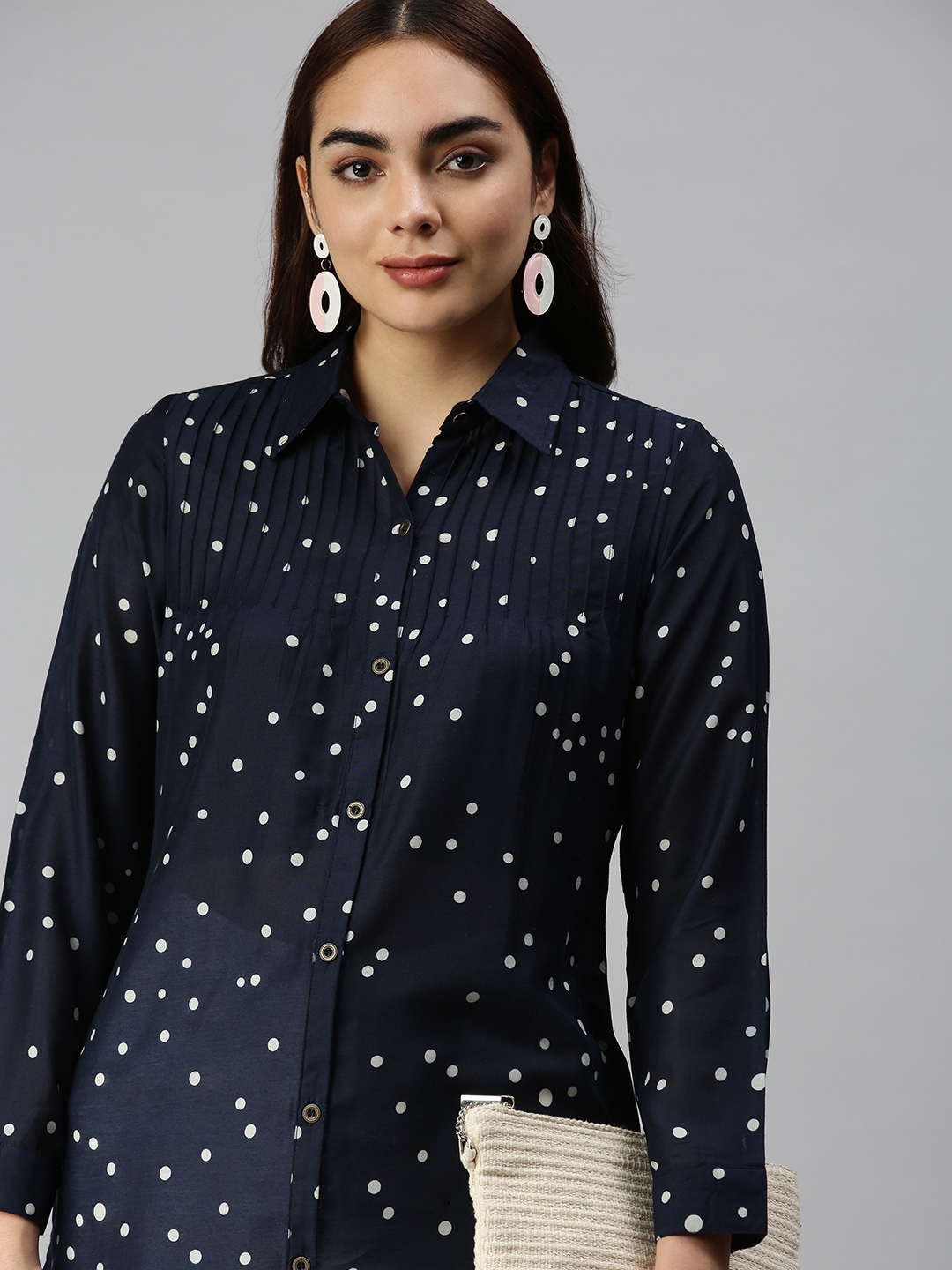 SHOWOFF Women's Slim Fit Regular Sleeves Navy Blue Polka Dots Shirt