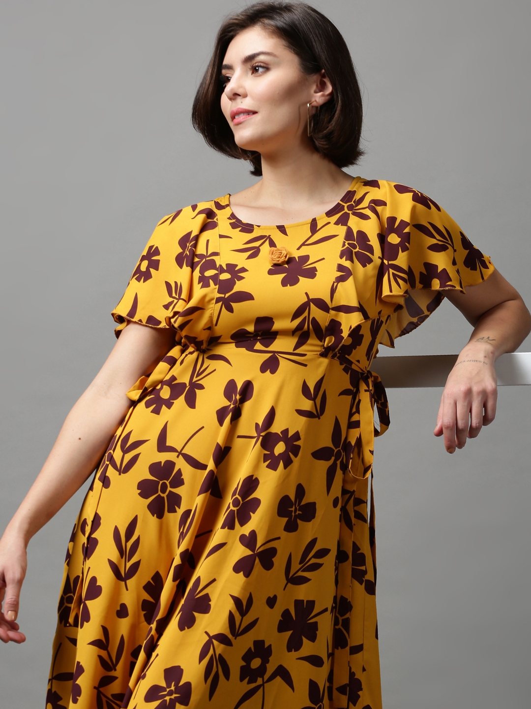 SHOWOFF Women's Round Neck Floral Mustard Maxi Dress