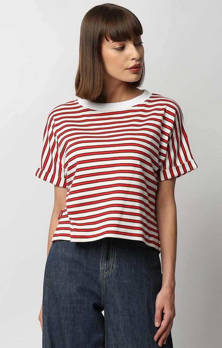 DISRUPT | Disrupt Women Red Striped Extended Shoulder Boxy Fit T-shirt